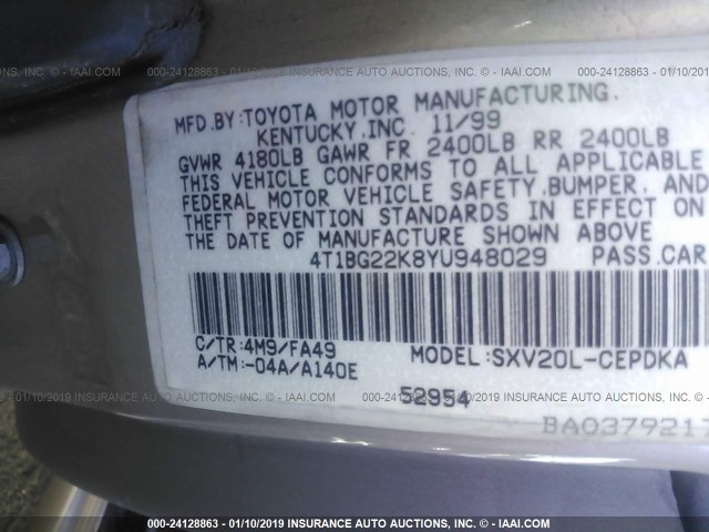 4T1BG22K8YU948029 - 2000 TOYOTA CAMRY CE/LE/XLE TAN photo 9