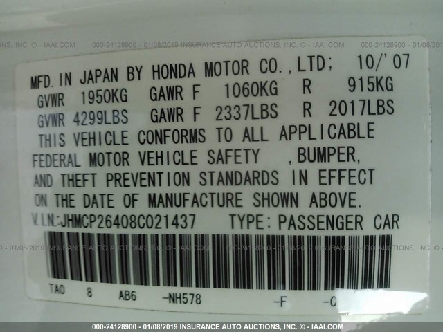 JHMCP26408C021437 - 2008 HONDA ACCORD LXP WHITE photo 9