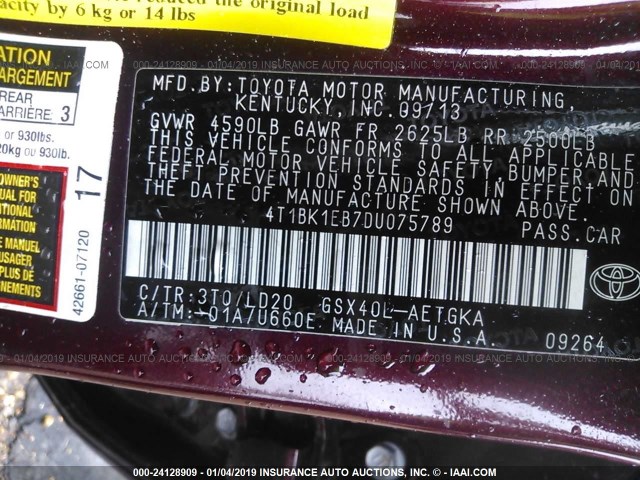 4T1BK1EB7DU075789 - 2013 TOYOTA AVALON PREMIUM/TOURING/LIMITED BURGUNDY photo 9