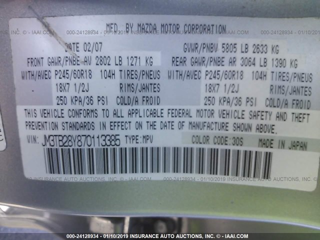 JM3TB28Y870113385 - 2007 MAZDA CX-9 GRAY photo 9