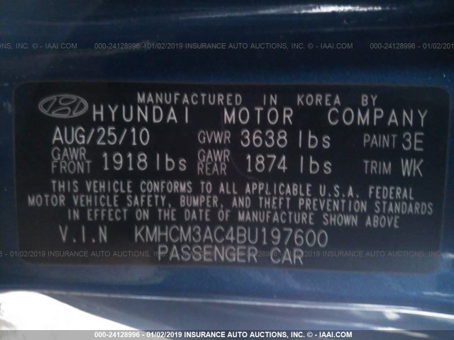 KMHCM3AC4BU197600 - 2011 HYUNDAI ACCENT GL BLUE photo 9