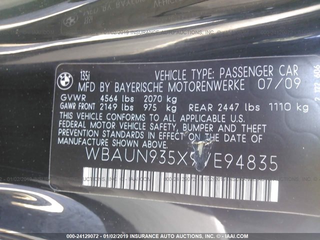WBAUN935X9VE94835 - 2009 BMW 135 I BLACK photo 9
