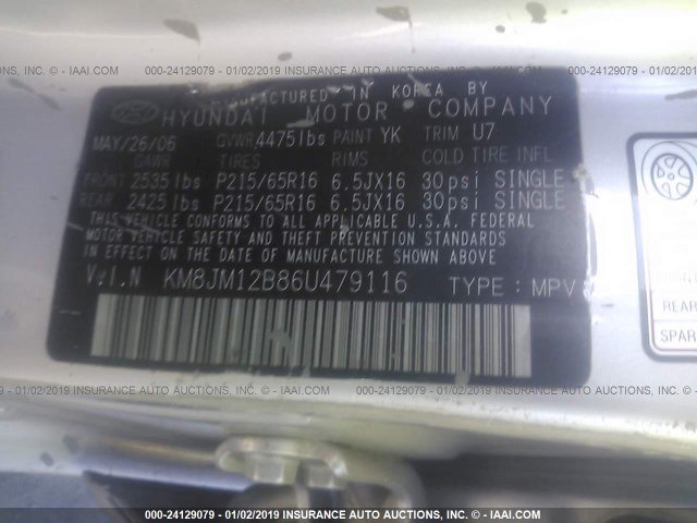 KM8JM12B86U479116 - 2006 HYUNDAI TUCSON GL SILVER photo 9