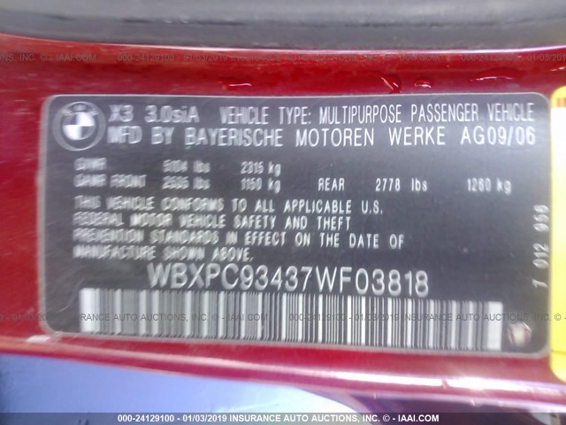 WBXPC93437WF03818 - 2007 BMW X3 3.0SI RED photo 9