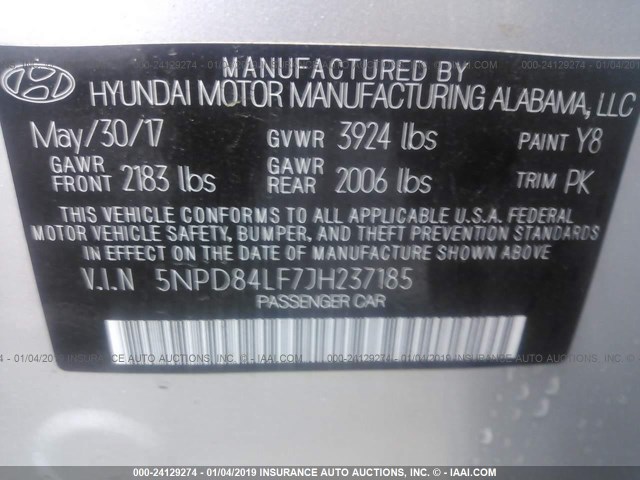 5NPD84LF7JH237185 - 2018 HYUNDAI ELANTRA SEL/VALUE/LIMITED SILVER photo 9