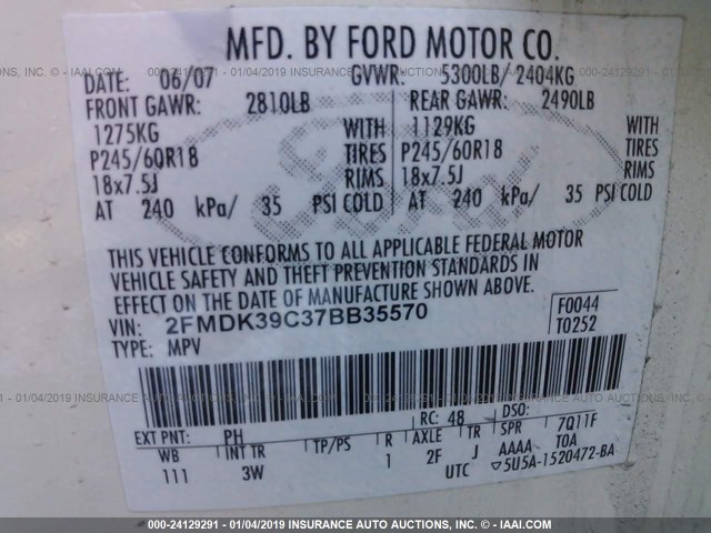 2FMDK39C37BB35570 - 2007 FORD EDGE SEL PLUS WHITE photo 9