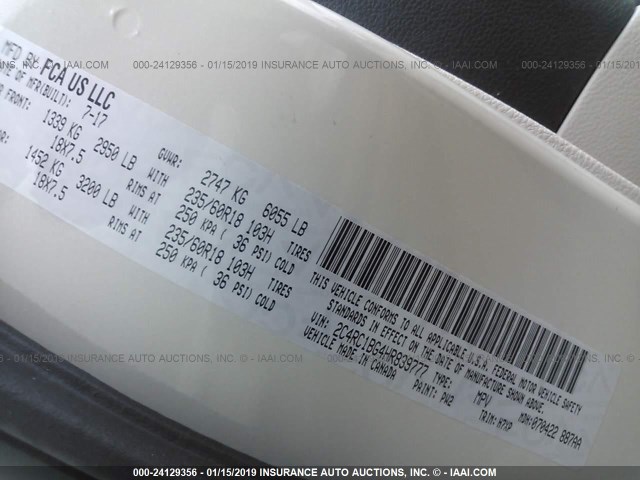 2C4RC1BG4HR839777 - 2017 CHRYSLER PACIFICA TOURING L თეთრი ფოტო 9