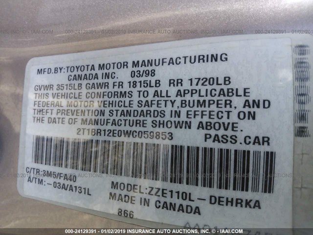 2T1BR12E0WC059853 - 1998 TOYOTA COROLLA VE/CE/LE 棕色 照片 9