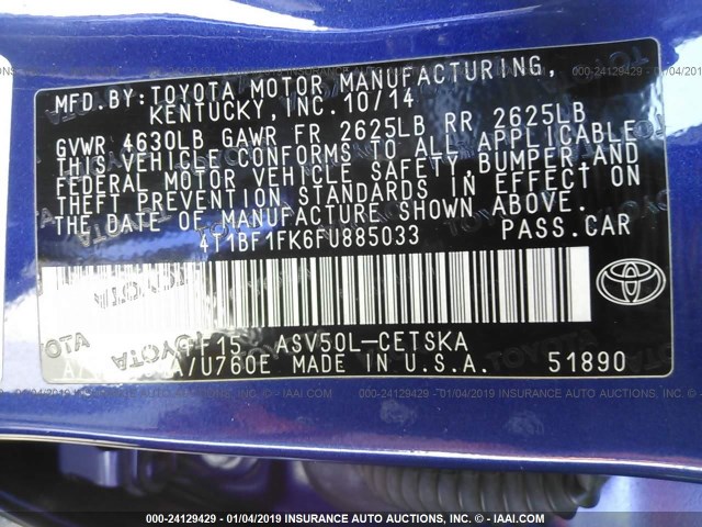 4T1BF1FK6FU885033 - 2015 TOYOTA CAMRY LE/XLE/SE/XSE BLUE photo 9