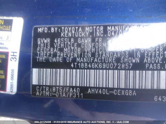 4T1BB46K69U072857 - 2009 TOYOTA CAMRY HYBRID BLUE photo 9