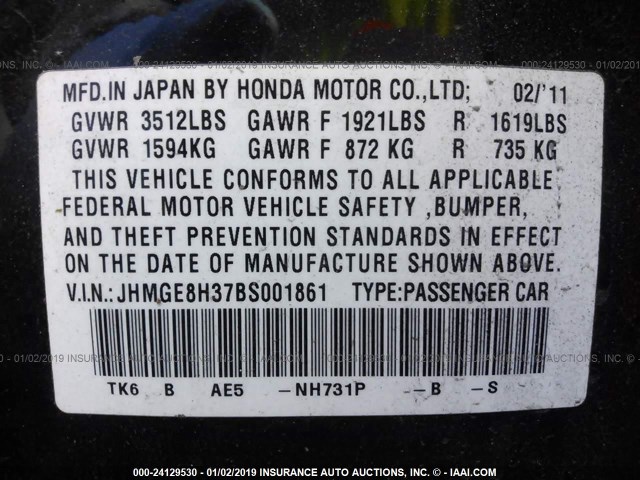 JHMGE8H37BS001861 - 2011 HONDA FIT BLACK photo 9