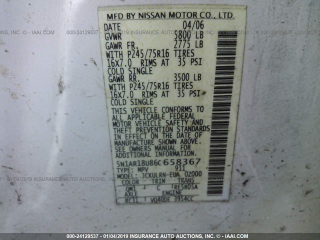 5N1AR18U86C658367 - 2006 NISSAN PATHFINDER LE/SE/XE WHITE photo 9