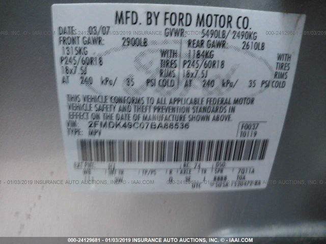 2FMDK49C07BA88536 - 2007 FORD EDGE SEL PLUS SILVER photo 9