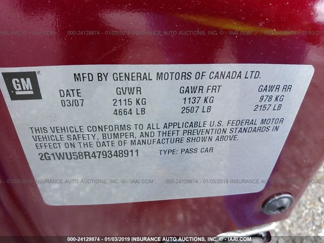 2G1WU58R479348911 - 2007 CHEVROLET IMPALA LTZ RED photo 9