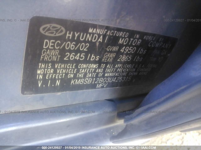 KM8SB12B03U425315 - 2003 HYUNDAI SANTA FE GL BLUE photo 9