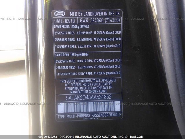 SALAK2D43AA531852 - 2010 LAND ROVER LR4 HSE LUXURY BLACK photo 9