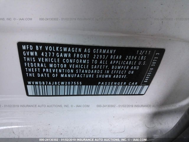 WVWDB7AJ8CW207555 - 2012 VOLKSWAGEN GOLF 白色 照片 9