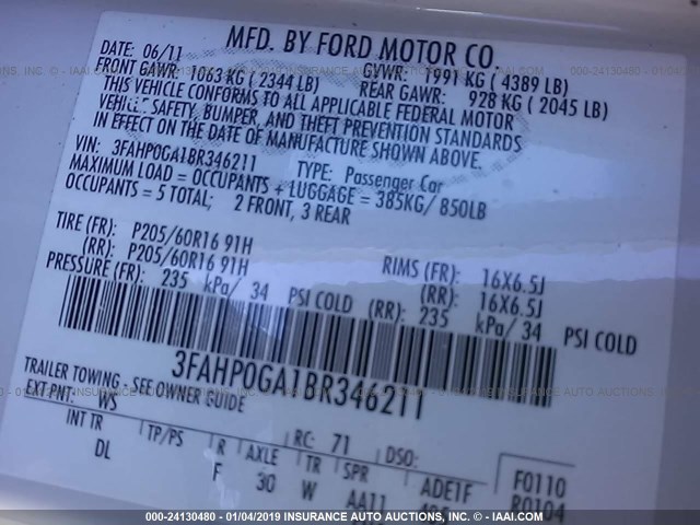 3FAHP0GA1BR346211 - 2011 FORD FUSION S WHITE photo 9