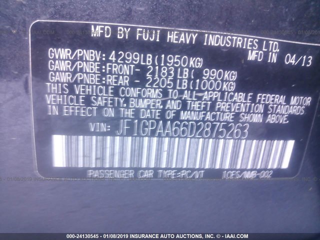 JF1GPAA66D2875263 - 2013 SUBARU IMPREZA GRAY photo 9