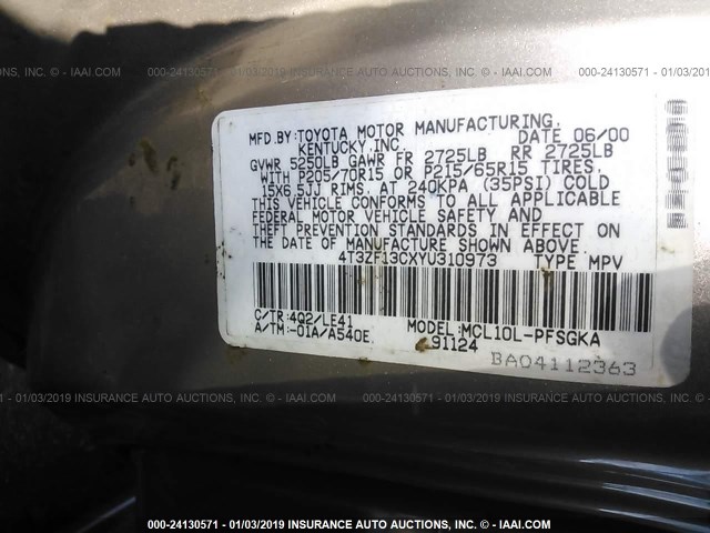 4T3ZF13CXYU310973 - 2000 TOYOTA SIENNA LE/XLE GRAY photo 9