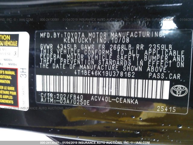4T1BE46K19U378162 - 2009 TOYOTA CAMRY SE/LE/XLE 黑色 照片 9