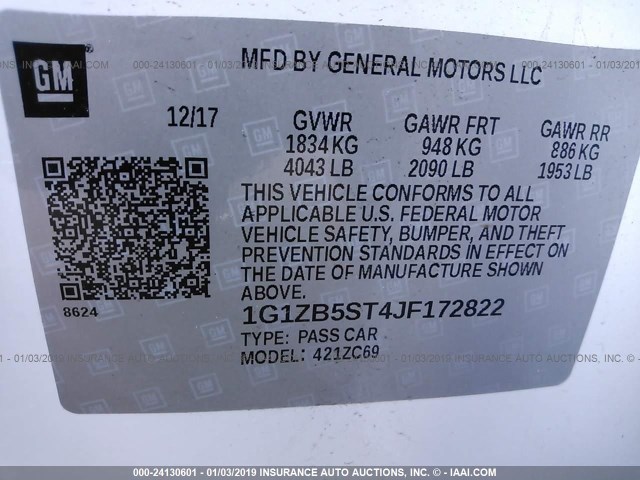 1G1ZB5ST4JF172822 - 2018 CHEVROLET MALIBU LS WHITE photo 9