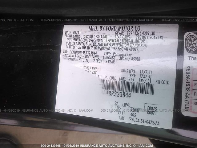 3FAHP0HA4BR323844 - 2011 FORD FUSION SE BLACK photo 9