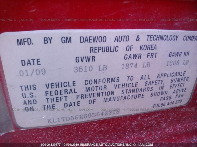 KL1TD56E69B642328 - 2009 CHEVROLET AVEO LS/LT RED photo 9