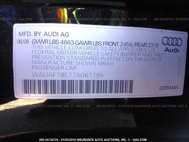 WAUAF78E77A061195 - 2007 AUDI A4 2/TURBO BLACK photo 9