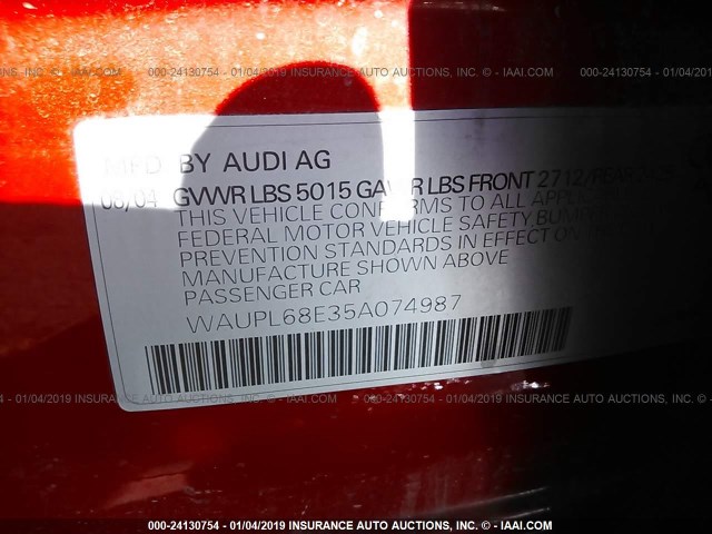 WAUPL68E35A074987 - 2005 AUDI S4 RED photo 9