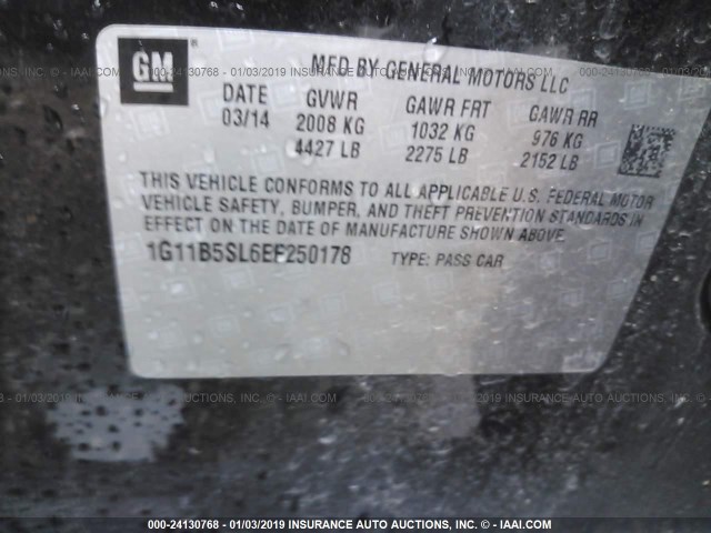 1G11B5SL6EF250178 - 2014 CHEVROLET MALIBU LS შავი ფოტო 9