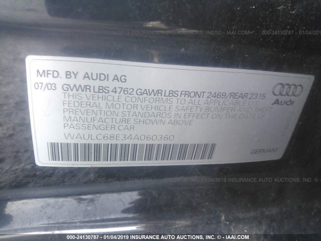 WAULC68E34A060360 - 2004 AUDI A4 1.8T QUATTRO BLACK photo 9