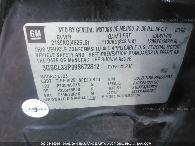 3GSCL33P08S672812 - 2008 SATURN VUE XE BLACK photo 9