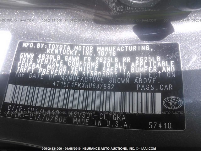 4T1BF1FKXHU687882 - 2017 TOYOTA CAMRY LE/XLE/SE/XSE GRAY photo 9