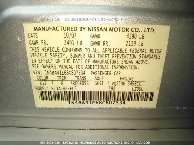 1N4BA41E68C807534 - 2008 NISSAN MAXIMA SE/SL SILVER photo 9