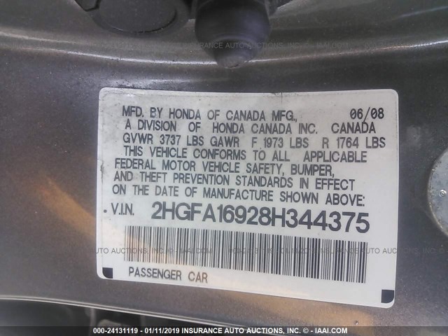 2HGFA16928H344375 - 2008 HONDA CIVIC EXL GRAY photo 9