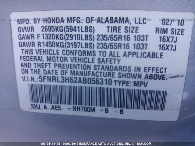 5FNRL3H62AB056310 - 2010 HONDA ODYSSEY EXL SILVER photo 9