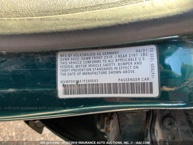 WVWPD63B41P290593 - 2001 VOLKSWAGEN PASSAT GLS GREEN photo 9