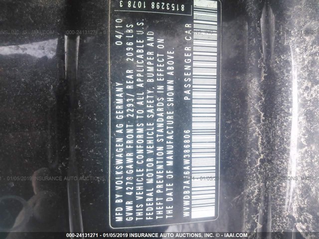 WVWDB7AJ6AW386806 - 2010 VOLKSWAGEN GOLF 黑色 照片 9