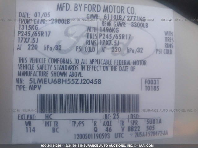 5LMEU68H55ZJ20458 - 2005 LINCOLN AVIATOR 奶油色 照片 9