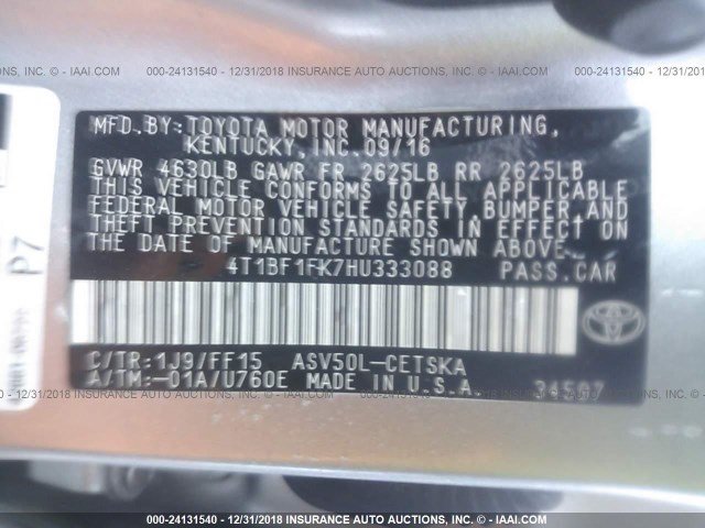 4T1BF1FK7HU333088 - 2017 TOYOTA CAMRY LE/XLE/SE/XSE SILVER photo 9