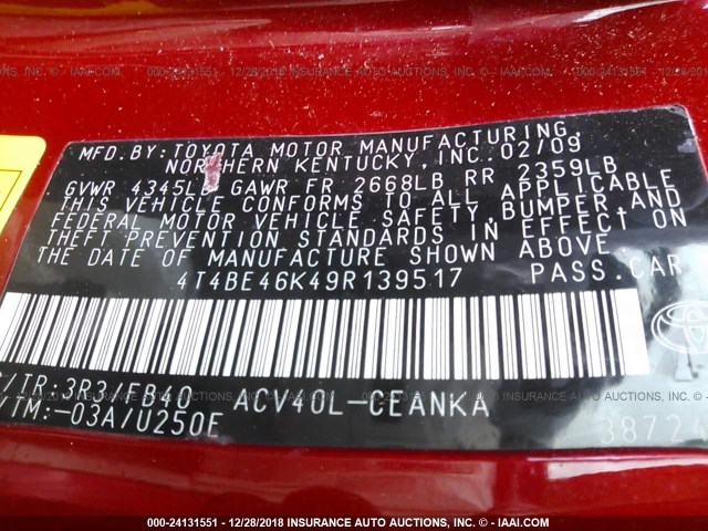 4T4BE46K49R139517 - 2009 TOYOTA CAMRY SE/LE/XLE 栗色 照片 9