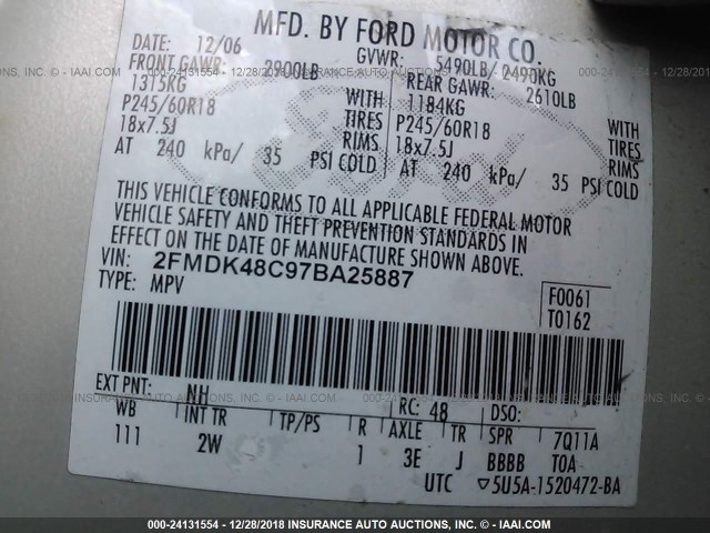 2FMDK48C97BA25887 - 2007 FORD EDGE SEL WHITE photo 9