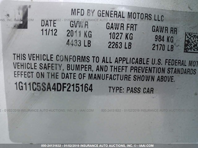 1G11C5SA4DF215164 - 2013 CHEVROLET MALIBU 1LT SILVER photo 9