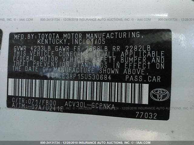 4T1CE38P15U530684 - 2005 TOYOTA CAMRY SOLARA SE/SLE Ağ foto 9