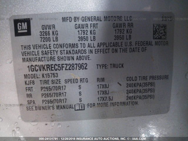 1GCVKREC5FZ287962 - 2015 CHEVROLET SILVERADO K1500 LT SILVER photo 9