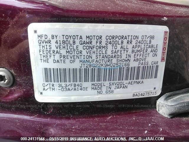 JT2BG22K9W0252166 - 1998 TOYOTA CAMRY CE/LE/XLE MAROON photo 9