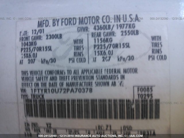 1FTYR10U72PA70378 - 2002 FORD RANGER WHITE photo 9