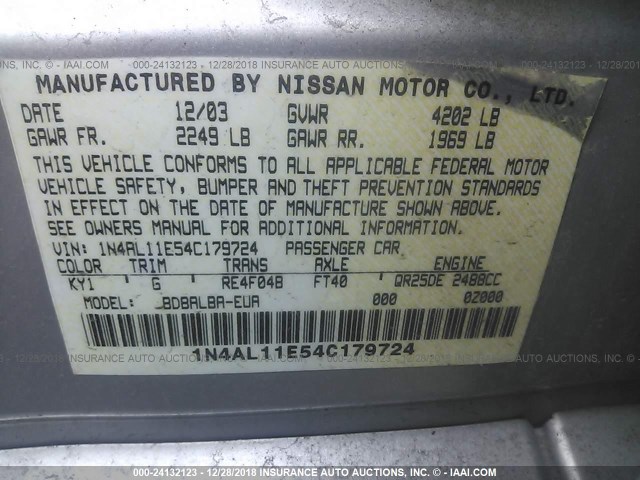 1N4AL11E54C179724 - 2004 NISSAN ALTIMA S/SL SILVER photo 9