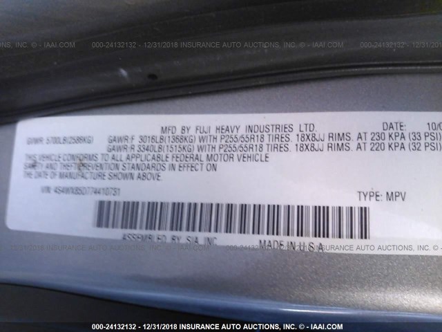 4S4WX85D774410731 - 2007 SUBARU B9 TRIBECA 3.0 H6/3.0 H6 LIMITED SILVER photo 9